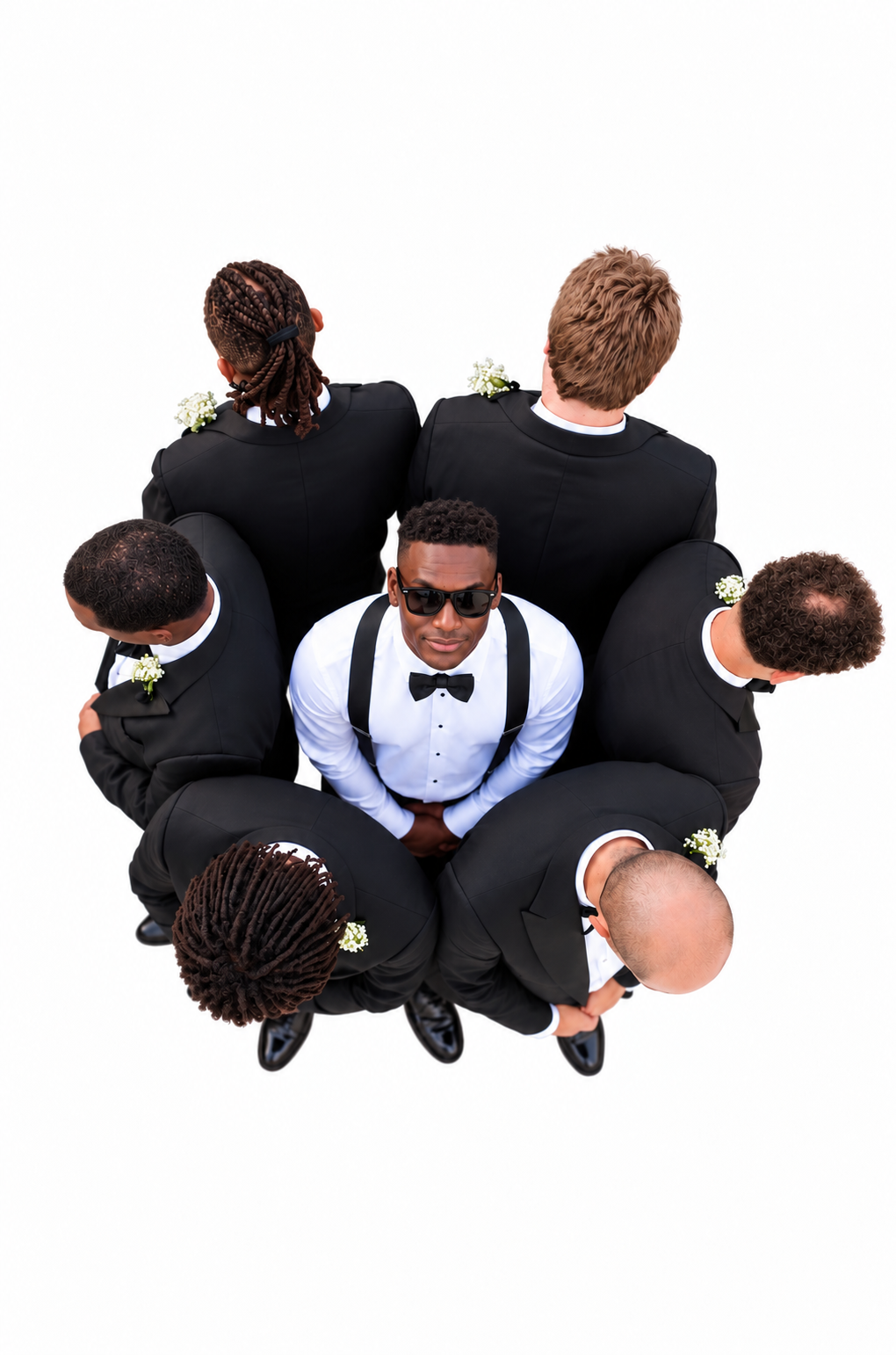 Overhead portrait of a groom surrounded by his groomsmen