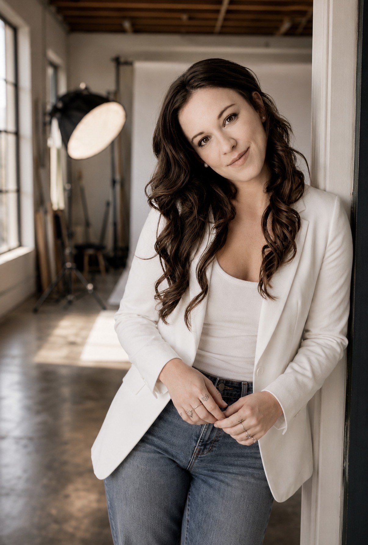 Rae leaning against a doorway in a white blazer